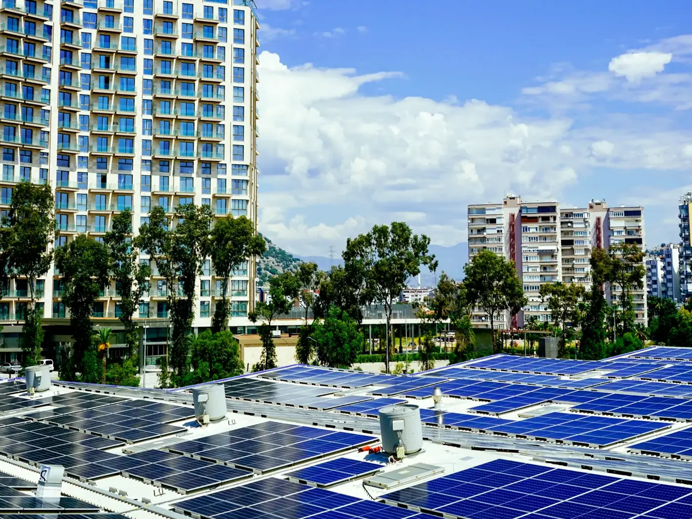 Solar panels on a condominium rooftop among palm trees